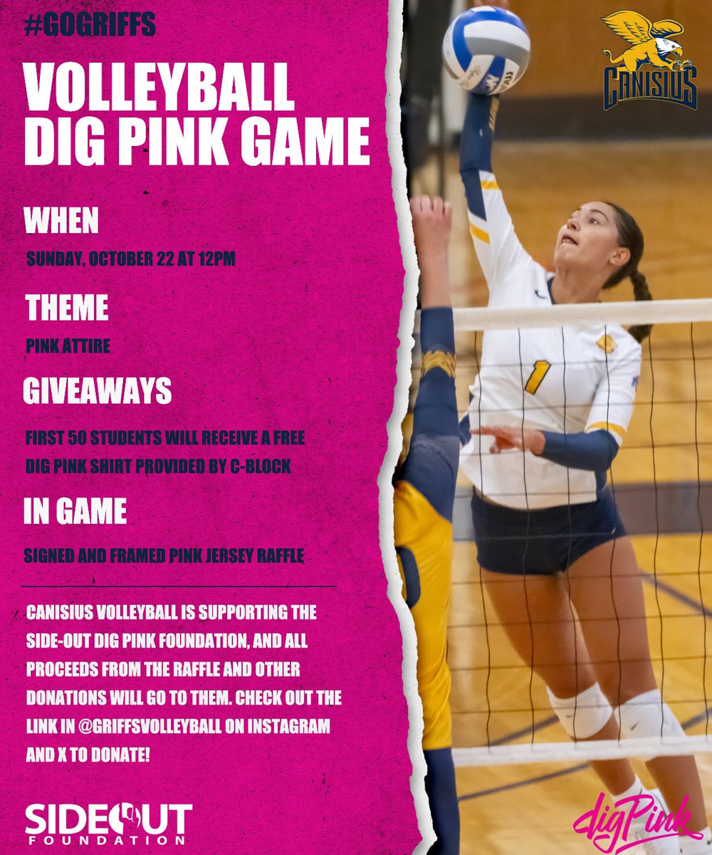 GriffVolleyball's tweet photo. We have partnered with the @SideOutFndn to host our Dig Pink game on October 22 against Quinnipiac! Use the link in our bio to support our cause and go #Griffs! https://t.co/B3psGE6OX9