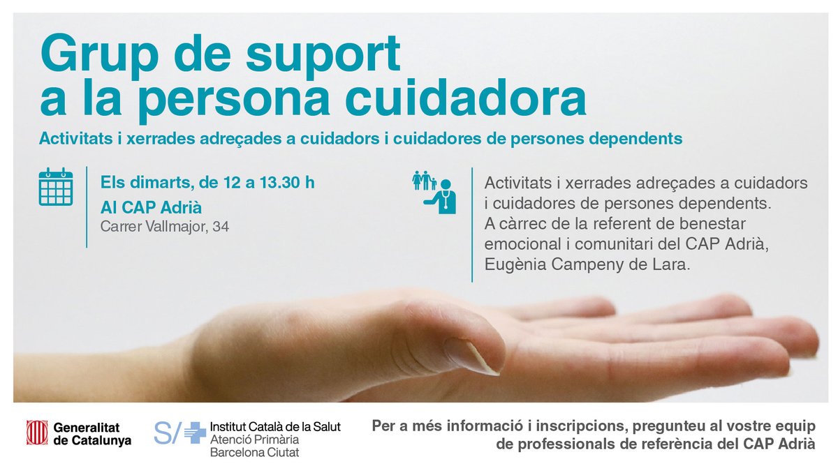 Atenció Primària i a la Comunitat de l'ICS (@primariaicscat) on Twitter photo <a href="/carolina_fort/">Carolina Fort</a> <a href="/rodmolinet/">Pepita Rodriguez</a> <a href="/mvazquezcorral/">Marta Vázquez Corral</a> <a href="/carmeroviraial1/">carme rovira</a> <a href="/AriadnaRamos1/">Ariadna</a> <a href="/laurameii/">Laura Serra</a> <a href="/MarieMcferrer/">Marie Mcferrer</a> <a href="/E76pallaresanz/">Ester Pallarès</a> <a href="/JaumeCollado/">Jaume Collado</a> Centres d'atenció primària d'altres punts de la ciutat Barcelona, com #CAPAdrià i #CAPBesòs, disposen també de grups de suport a persones cuidadores
I el #CAPCascAntic compta amb una iniciativa amb el Museu Picasso de Barcelona per a la cura a través de l'art
#DMAlzheimer <a href="/carolina_fort/">Carolina Fort</a> <a href="/rodmolinet/">Pepita Rodriguez</a> <a href="/mvazquezcorral/">Marta Vázquez Corral</a> <a href="/carmeroviraial1/">carme rovira</a> <a href="/AriadnaRamos1/">Ariadna</a> <a href="/laurameii/">Laura Serra</a> <a href="/MarieMcferrer/">Marie Mcferrer</a> <a href="/E76pallaresanz/">Ester Pallarès</a> <a href="/JaumeCollado/">Jaume Collado</a> Centres d'atenció primària d'altres punts de la ciutat Barcelona, com #CAPAdrià i #CAPBesòs, disposen també de grups de suport a persones cuidadores
I el #CAPCascAntic compta amb una iniciativa amb el Museu Picasso de Barcelona per a la cura a través de l'art
#DMAlzheimer