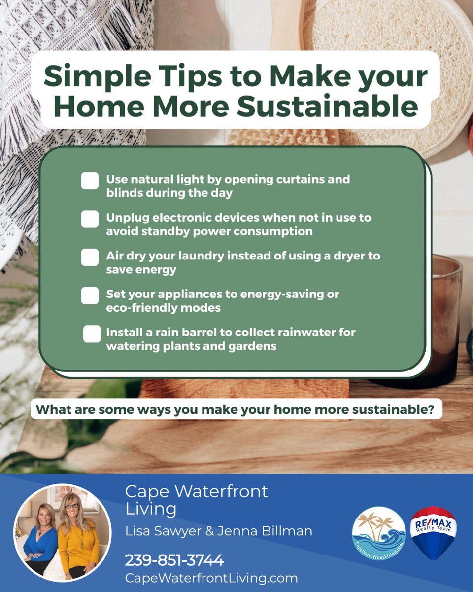 CapeWaterfront's tweet photo. More sustainable and environmentally friendly Home Tips: 1) Embrace Natural Light 2) Unplug Electronics 3) Air Dry Your Laundry 4) Optimize Energy-Saving Modes 5) Harvest Rainwater Let's create sustainable homes and contribute to a greener future. 
https://t.co/MUU3tdaVzp https://t.co/bDQEJTgFPH