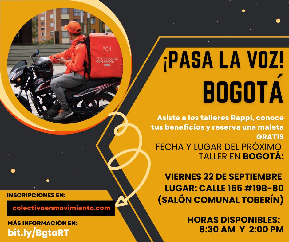 ColEnMovimiento's tweet photo. ¡Excelente jueves para todos! Les recordamos las fechas de los próximos talleres Rappi en Cali, Bogotá, Manizales y Armenia. 

¡Pasen la voz a otros compañeros! 😉 https://t.co/rkMkaIPttS
