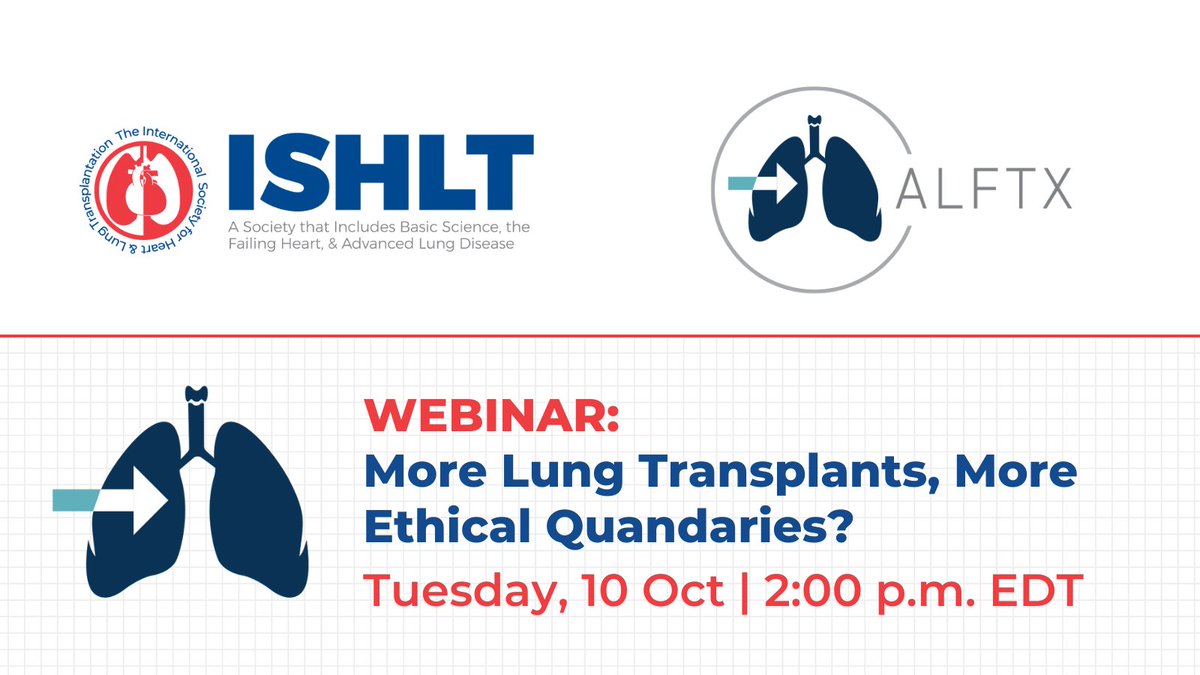 The October #ALFTX #ISHLTv Webinar: More Lung Transplants, More Ethical Quandaries? full program details are now available at 🔗 bit.ly/3LhhQMv 📝
👥 <a href="/AreHolm/">Are Martin Holm</a>, Jacob Klapper, <a href="/luke_benvenuto/">Luke Benvenuto</a>, Anne Olland
Moderators: Selim Arcasoy + <a href="/DrCMPatterson/">Caroline Patterson</a>