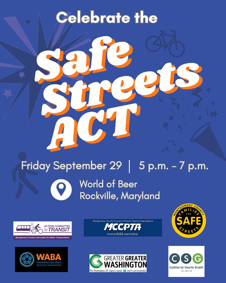 Celebrate Montgomery County's newly passed Safe Streets Act with @CMEvanGlass at World of Beer in Rockville on Friday September 29, 5 pm to 7 pm. @WABADC will be there!