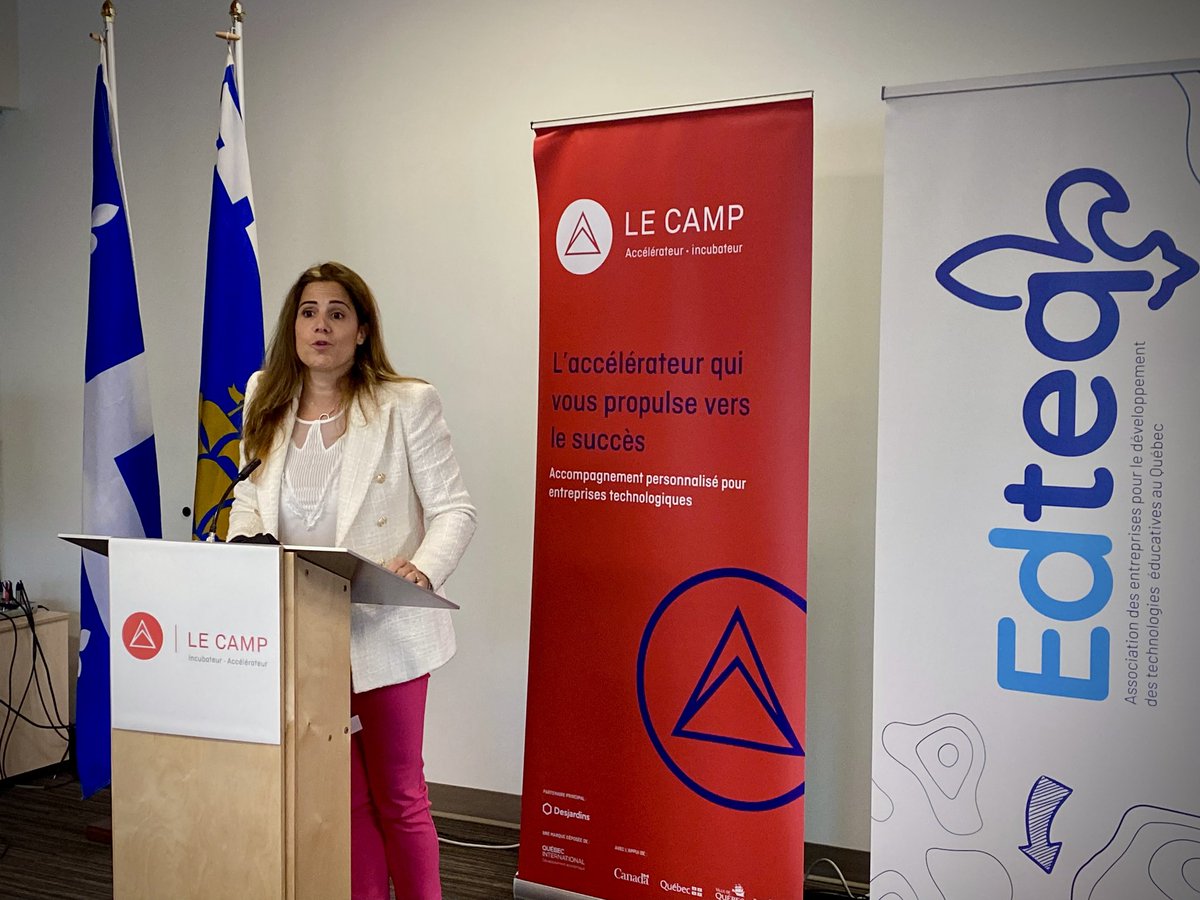 PascaleDery's tweet photo. L’innovation numérique en éducation a l’immense potentiel de mieux soutenir la réussite des étudiants. Heureuse d’avoir participé, avec @MarioAsselin, à l’annonce du partenariat entre @AssoEDTEQ et l’incubateur d’entreprises tech. @lecampquebec. Une collaboration prometteuse! https://t.co/kSVuGYOHJC