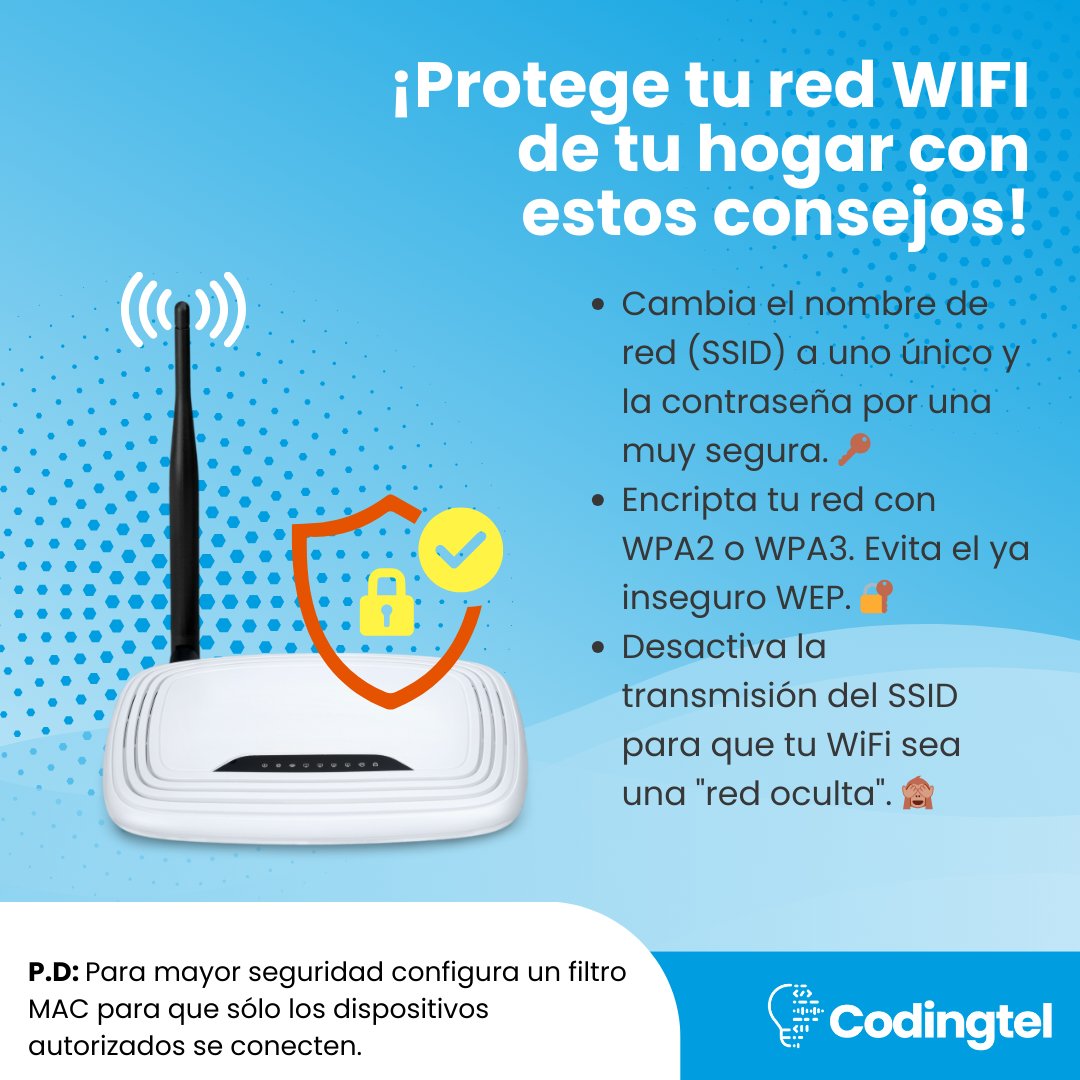 codingtel's tweet photo. ¡Mantén a tu familia segura en línea y protege tu red WiFi! Sigue estos consejos y fortalece la seguridad de tu hogar. 🔒🏠💻
#SeguridadEnLínea #ProtegeATuFamilia #WiFiSeguro #Codingtel
#RedWiFi #ProtecciónDeRed #ConexiónSegura #ConsejosWiFi https://t.co/BsSvhRCdKp