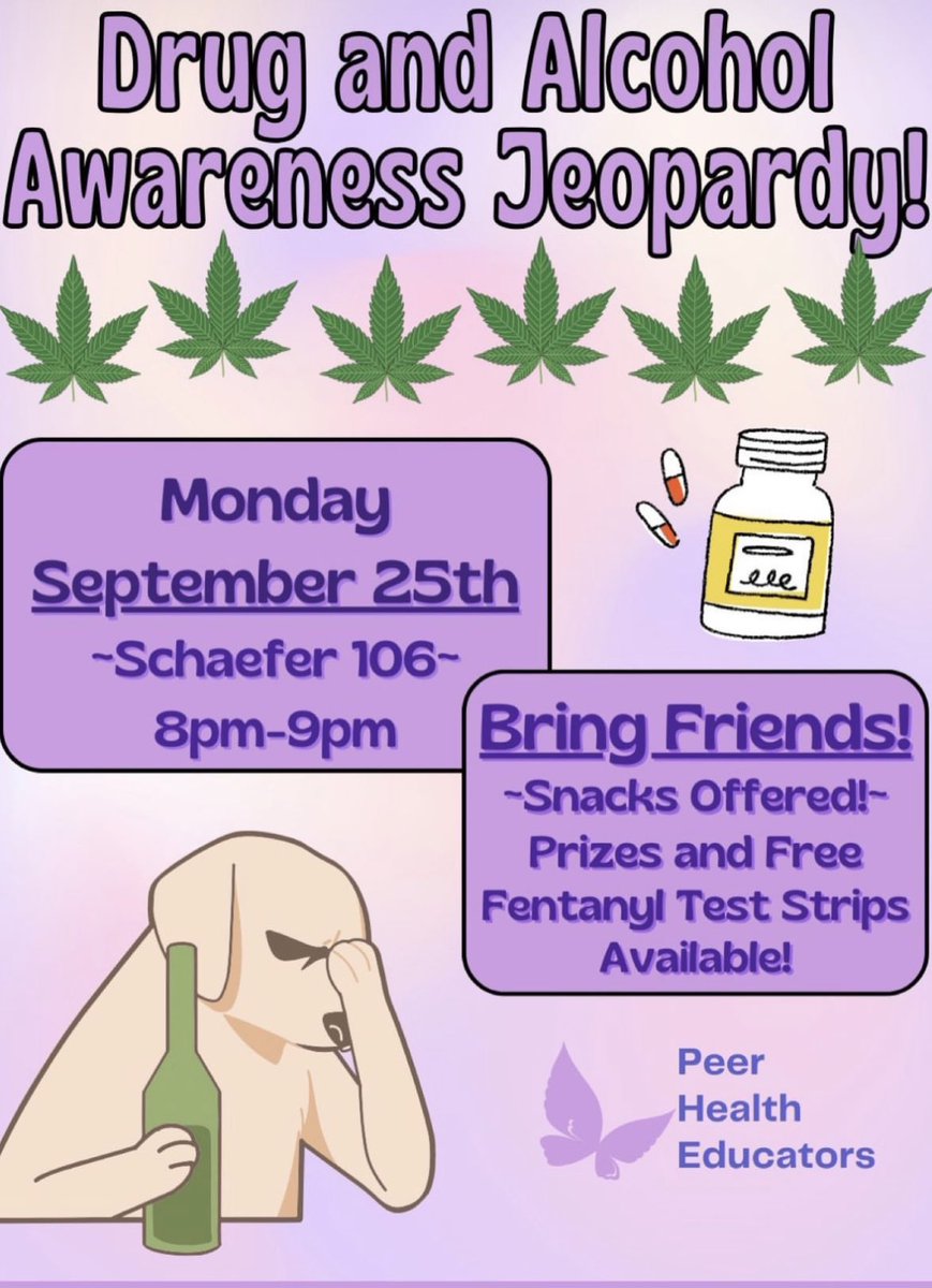 PeerHealthSMCM's tweet photo. Heads up!! We’ve got a fun jeopardy event coming up. Join us in Schaefer 106 on September 25th for a chance to win prizes while learning about drugs &amp; alcohol! See you there! https://t.co/L8jAc4jlmR