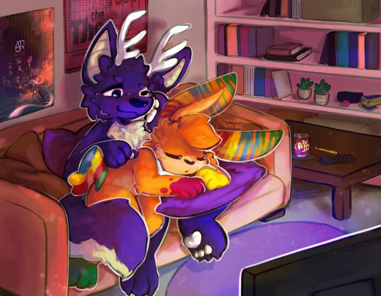 falling asleep in front of the tv together~ 💜🧡 adorable piece for @fnafdoodle and @GrandukeAnduke