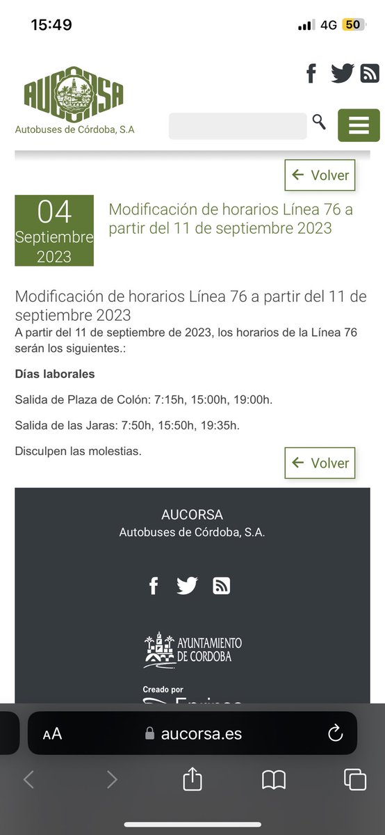 juliotoo9's tweet photo. Una vez más @aucorsa no cumple los horarios. 15:50 y estoy en la parada, he llamado esta mañana y un chico me ha dicho que era a y 50. Pasaba a y 35 y menos mal que unos vecinos muy amables me han dicho que con el coche lo han visto bajar. Esto es de vergüenza. Adjunto foto. https://t.co/LSLJWXH83K