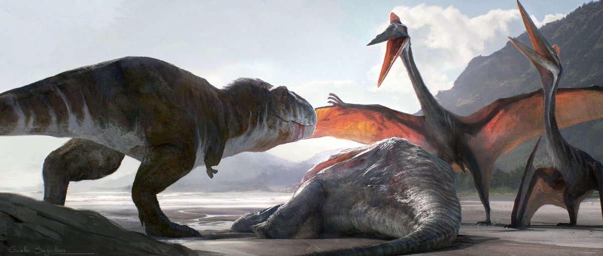 I did this concept art for #PrehistoricPlanet Season 2 for the NORTH AMERICA episode. A Trex and a pair of Quetzalcoatlus fight over a sauropod's carcass. 
High res : artstation.com/artwork/QXwJlx