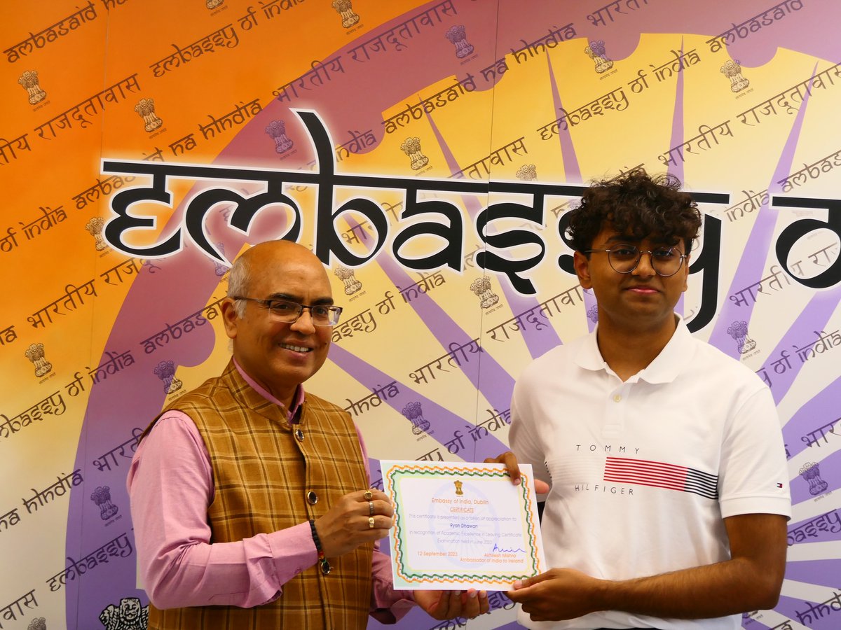 IndiainIreland's tweet photo. Embassy of India organized an appreciation ceremony at the Embassy premises for the academic excellence of Indian school students in #Ireland in their school leaving certificate. Mr. Ryan Dhawan received the appreciation certificate from Ambassador HE @AkhileshIFS https://t.co/5JokhSakUn