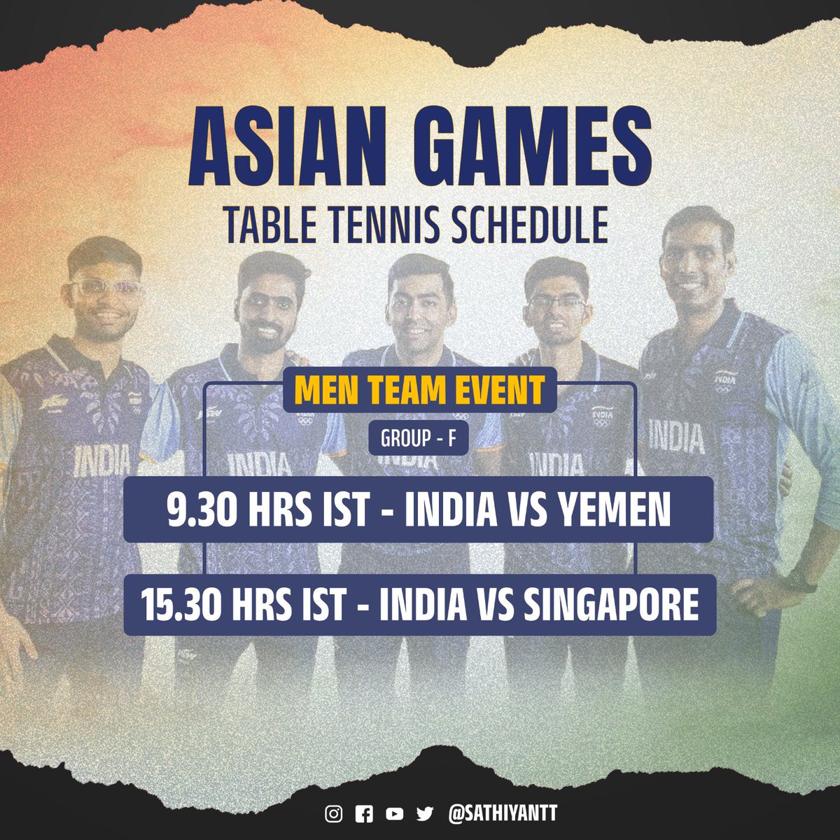 IT’S SHOWTIME 💪 We kick off our Asian Games campaign tomorrow (22nd September) in the Men Team event here in China !! Let’s go 🇮🇳 Catch live action on @SonySportsNetwk & Sony liv . #sathiyantt #tabletennis #sports #asiangames #teamindia Pc : @bigBdesign