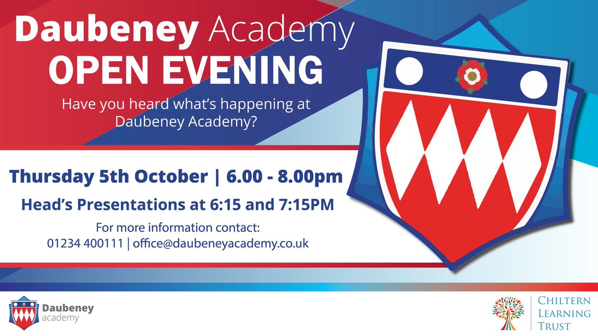 Daubeney Academy (@daubeneyacademy) on Twitter photo Our open evening is just two weeks away! Come & visit us to see what is happening at <a href="/DaubeneyAcademy/">Daubeney Academy | Kempston</a>!
📆 Thursday 5th October
🕙 6.00 - 8:00pm
🏫 Daubeney Academy, Orchard Street, Kempston, Bedford
Head’s presentations at 6:15 & 7:15pm. Our open evening is just two weeks away! Come & visit us to see what is happening at <a href="/DaubeneyAcademy/">Daubeney Academy | Kempston</a>!
📆 Thursday 5th October
🕙 6.00 - 8:00pm
🏫 Daubeney Academy, Orchard Street, Kempston, Bedford
Head’s presentations at 6:15 & 7:15pm.