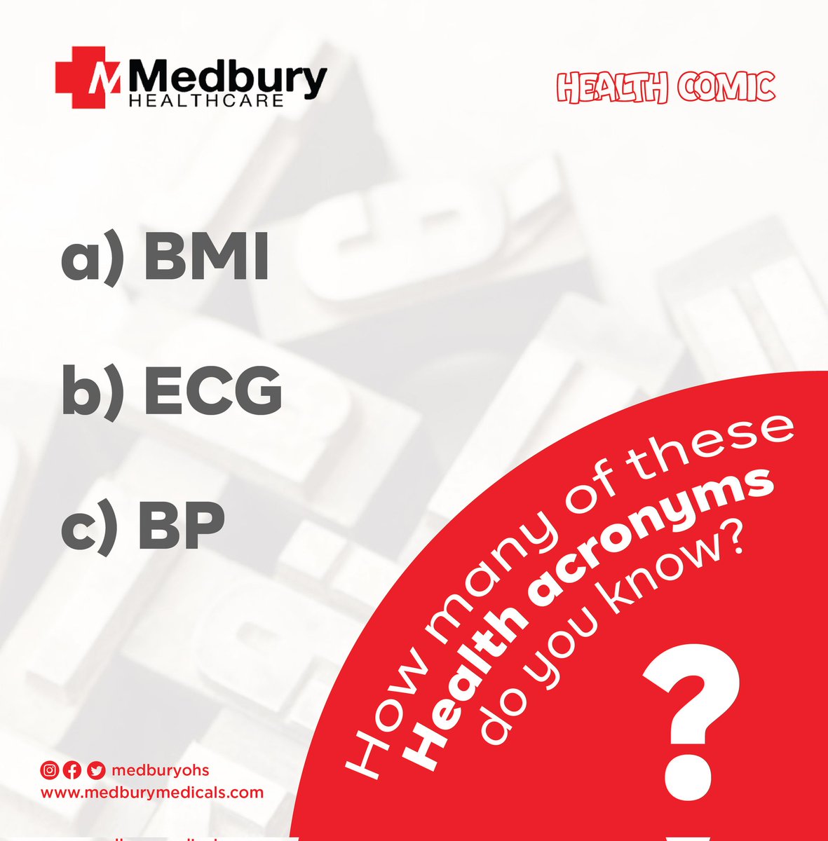 MedburyNG's tweet photo. How many of these health acronyms do you know? 🤔 Drop your answers in the comment section below! Don't forget to like &amp; share with your friends and family to challenge them too!

#healthcomics #medbury #testyourknowledge #healthquiz #autopsy #Buried #ICCWorldCup2023 #WhatsApp https://t.co/RTwVk364PK