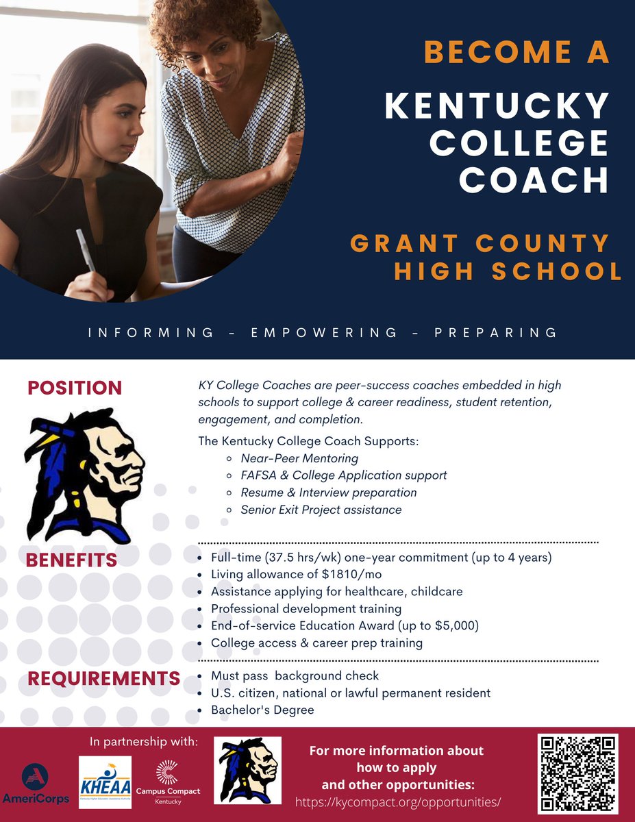 We're hiring for College Coaches at #GrantCountyHighSchool! Visit kycompact.org/opportunities for more information on how to apply. #KentuckyJobs #KyCC #ServeKy #AmeriCorps #GetThingsDone #CollegeAccess #CollegeCoach #StudentSuccess #Education #CommunityImpact