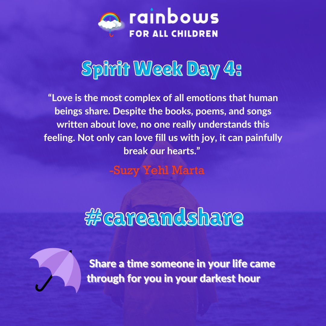 On our fourth day of Rainbows Spirit Week, we are wearing purple and celebrating the International Day of Peace. Who has brought you peace in times of turmoil? #careandshare a time someone you know showed up for you. #40yearsinthemaking #mentalhealth