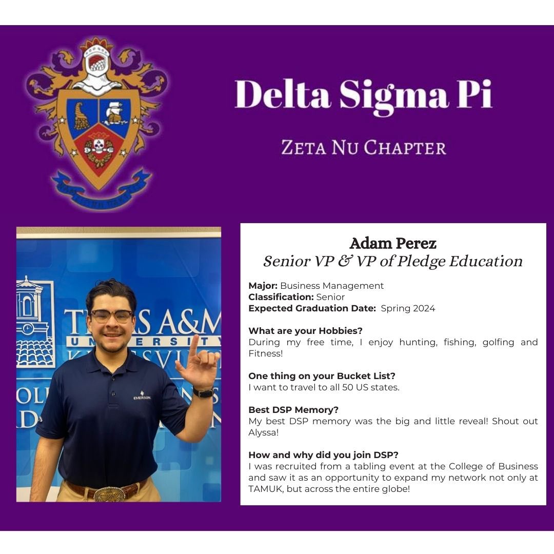 Meet our Senior Vice President and Pledge Educator: Adam Perez 
.
.
Check out why Adam decided to get involved in Delta Sigma Pi.