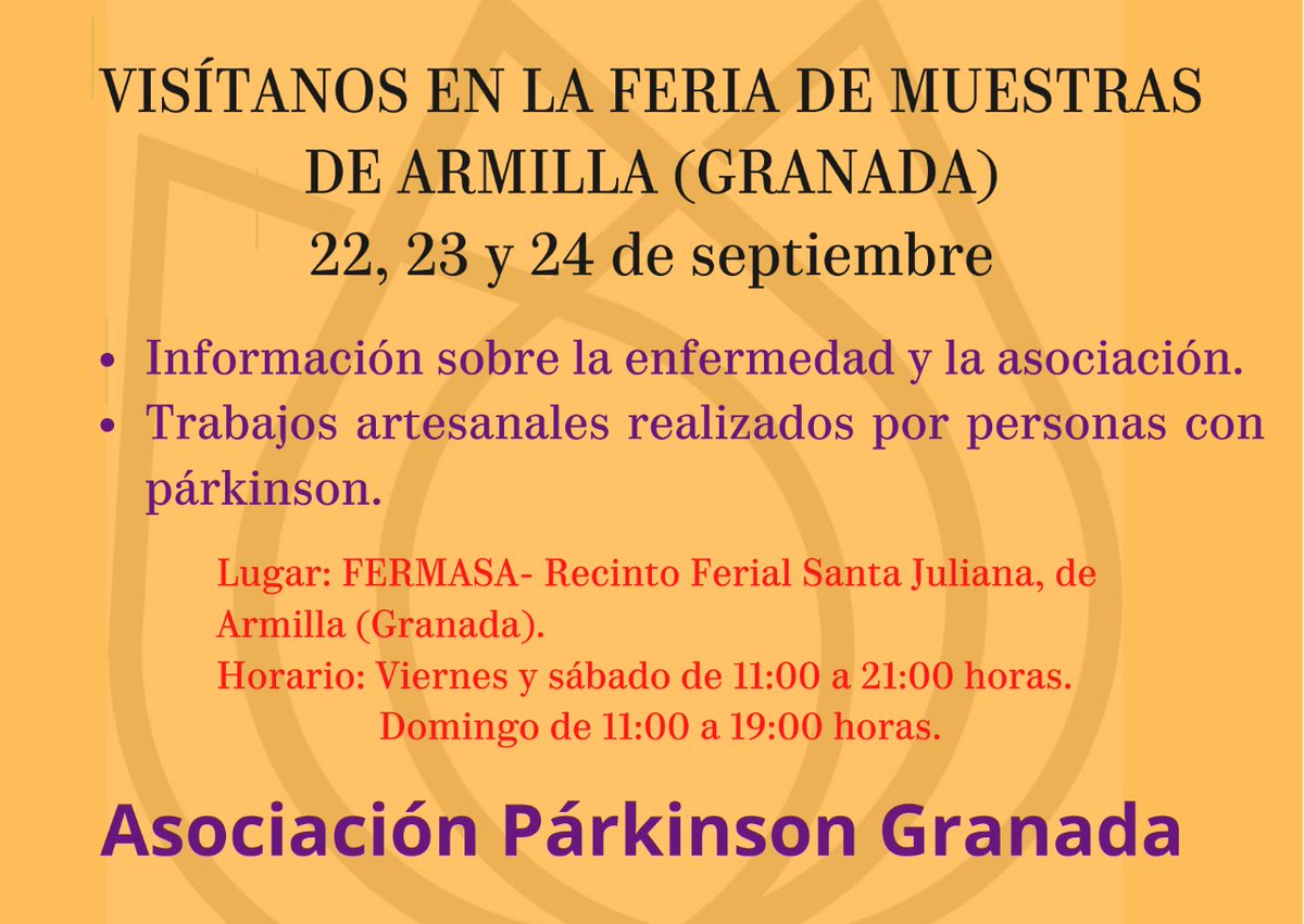 Este fin de semana puedes visitar el stand que tenemos en <a href="/FERMASA_GRANADA/">fermasa</a>.Estamos junto a la cafetería☕. Podrás informarte sobre la enfermedad y la asociación, además de ver trabajos artesanales, a la venta, realizados por personas con #parkinson. ¿Nos ayudas a ayudar?❤ 🌷
