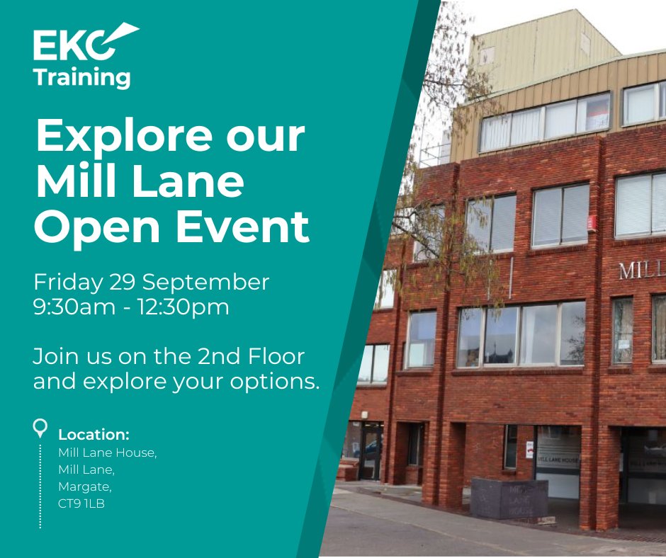 Our Training Centre #OpenEvent is tomorrow at our Mill Lane, Margate Centre. Come along between 9:30am and 12:30pm to explore our range of courses, and see how you we can help you build skills.

📍 Mill Lane House,
Mill Lane,
Margate,
CT9 1LB

Sign up: ekcgroup.ac.uk/ekc-training/w…