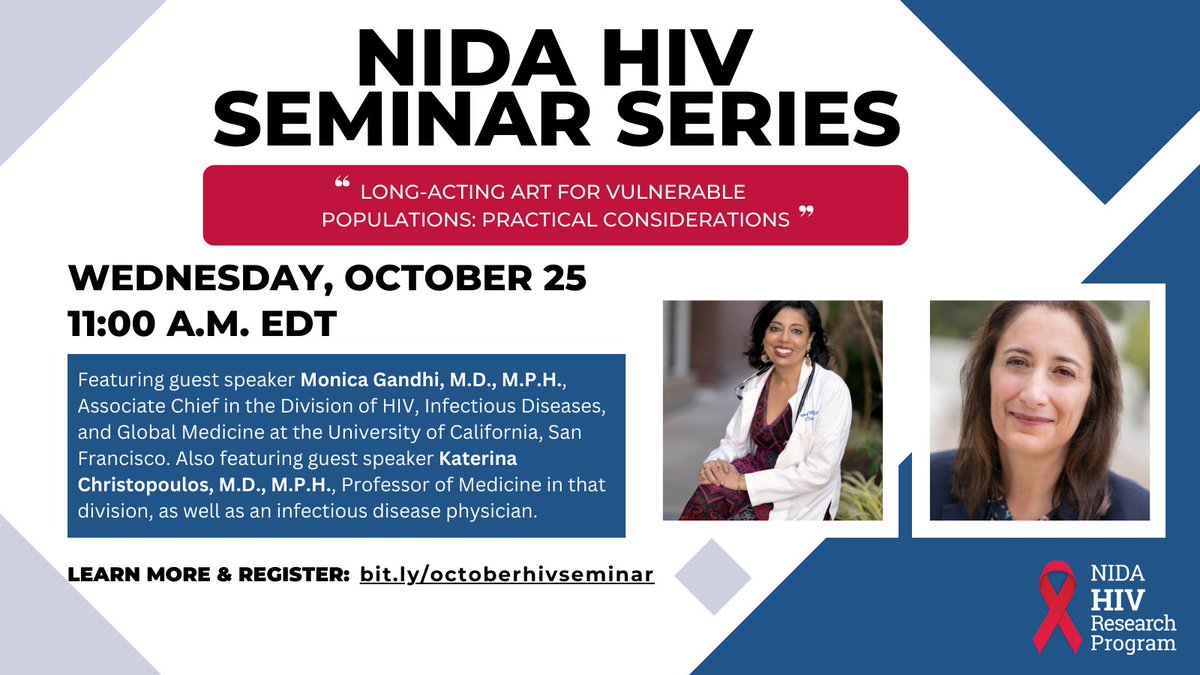 NIDAnews (@nidanews) on Twitter photo Join the next #NIDA #HIV Seminar on October 25 at 11 AM ET 🗓️ with Dr. Monica Gandhi and Dr. Katerina Christopoulos from <a href="/UCSF/">UC San Francisco</a> discussing Long-Acting ART for Vulnerable Populations. loom.ly/bI6d_eM Join the next #NIDA #HIV Seminar on October 25 at 11 AM ET 🗓️ with Dr. Monica Gandhi and Dr. Katerina Christopoulos from <a href="/UCSF/">UC San Francisco</a> discussing Long-Acting ART for Vulnerable Populations. loom.ly/bI6d_eM
