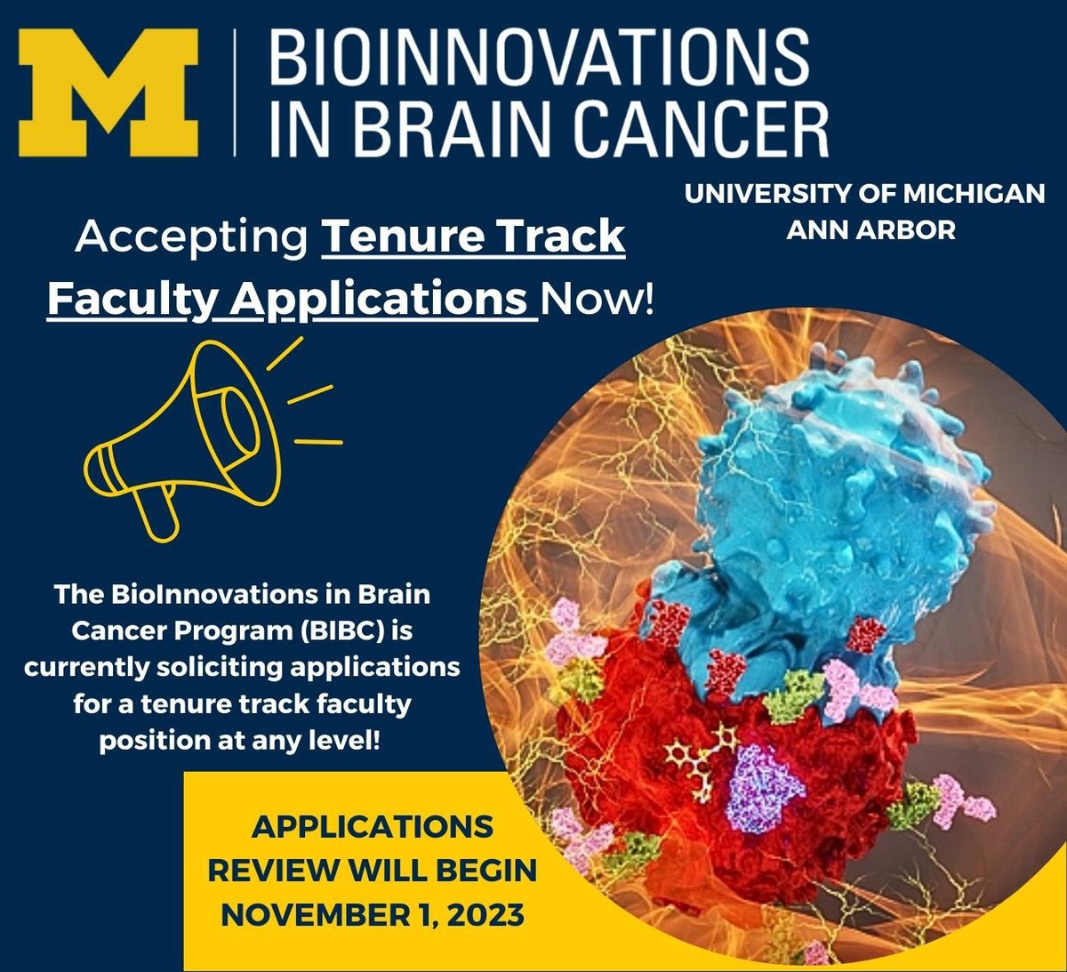 The University of Michigan has launched a Tenure Track Faculty Search for the BioInnovations in Brain Cancer Initiative (BIBC). More Information: bibraincancer.umich.edu/tenure-track-f…