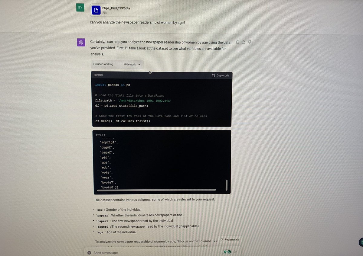 binyuecon's tweet photo. ChatGPT is now probably more capable than an inexperienced RA. https://t.co/EcojdcPWpL