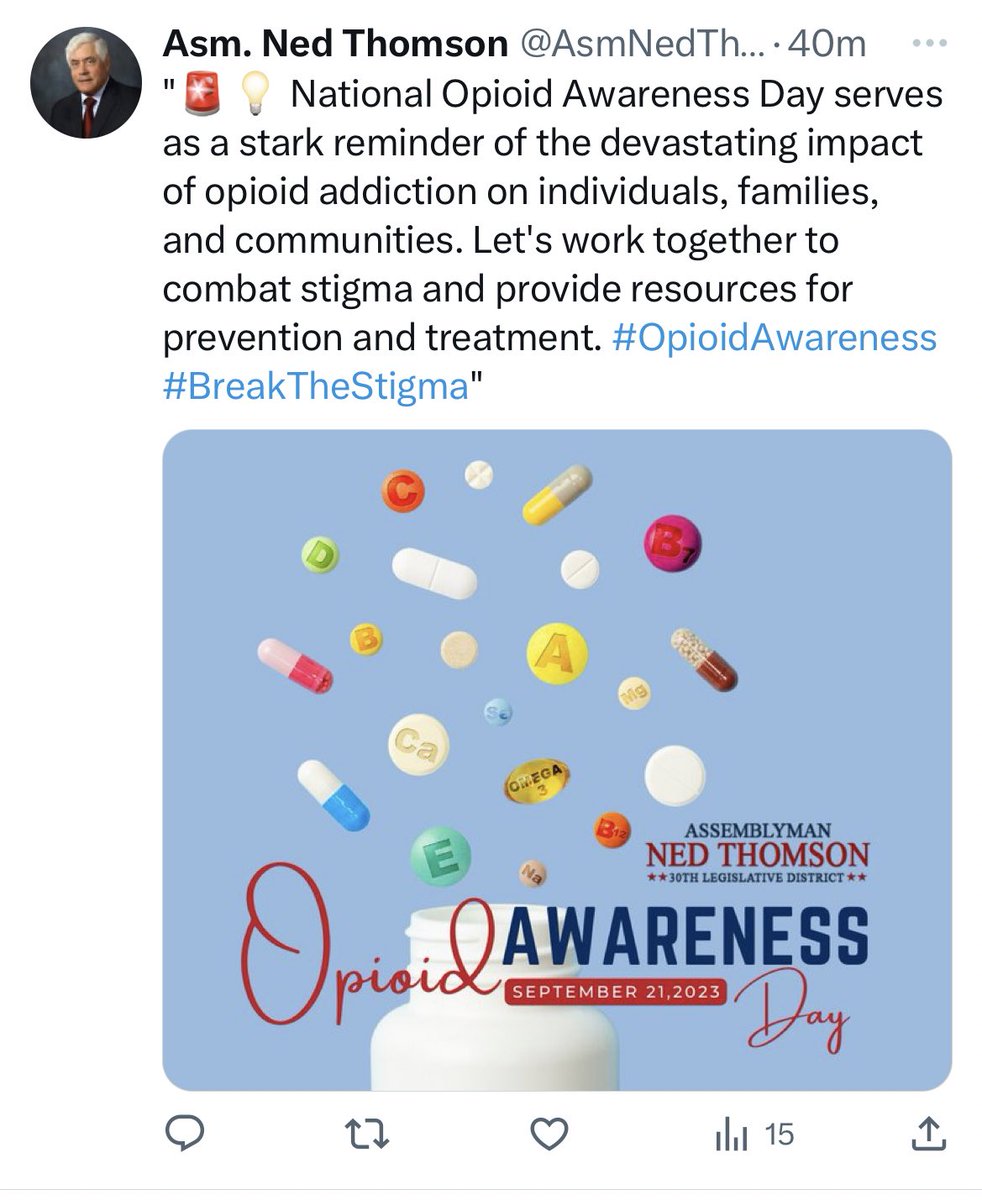 A somber ad drops from #NJ LD30 Assemblyman Ned Thomson. Today is National #OpioidAwareness Day. The opioid epidemic is awful. At least five years ago, the overdose death rate in #NJ was over the #USA average and Ocean County was over the NJ average.