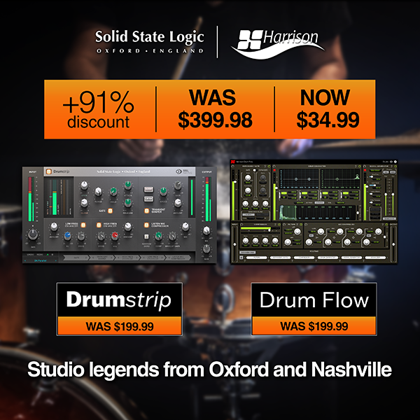 SSL Drumstrip and HARRISON Drum Flow PLUG-IN BUNDLE – ONLY $34.99 (Was $399.98).  The only plug-ins you need to create drums with weight, detail, and definition, and for a limited time, they’re available for only $34.99 (SAVE OVER 91%)! bit.ly/3EKrHa0