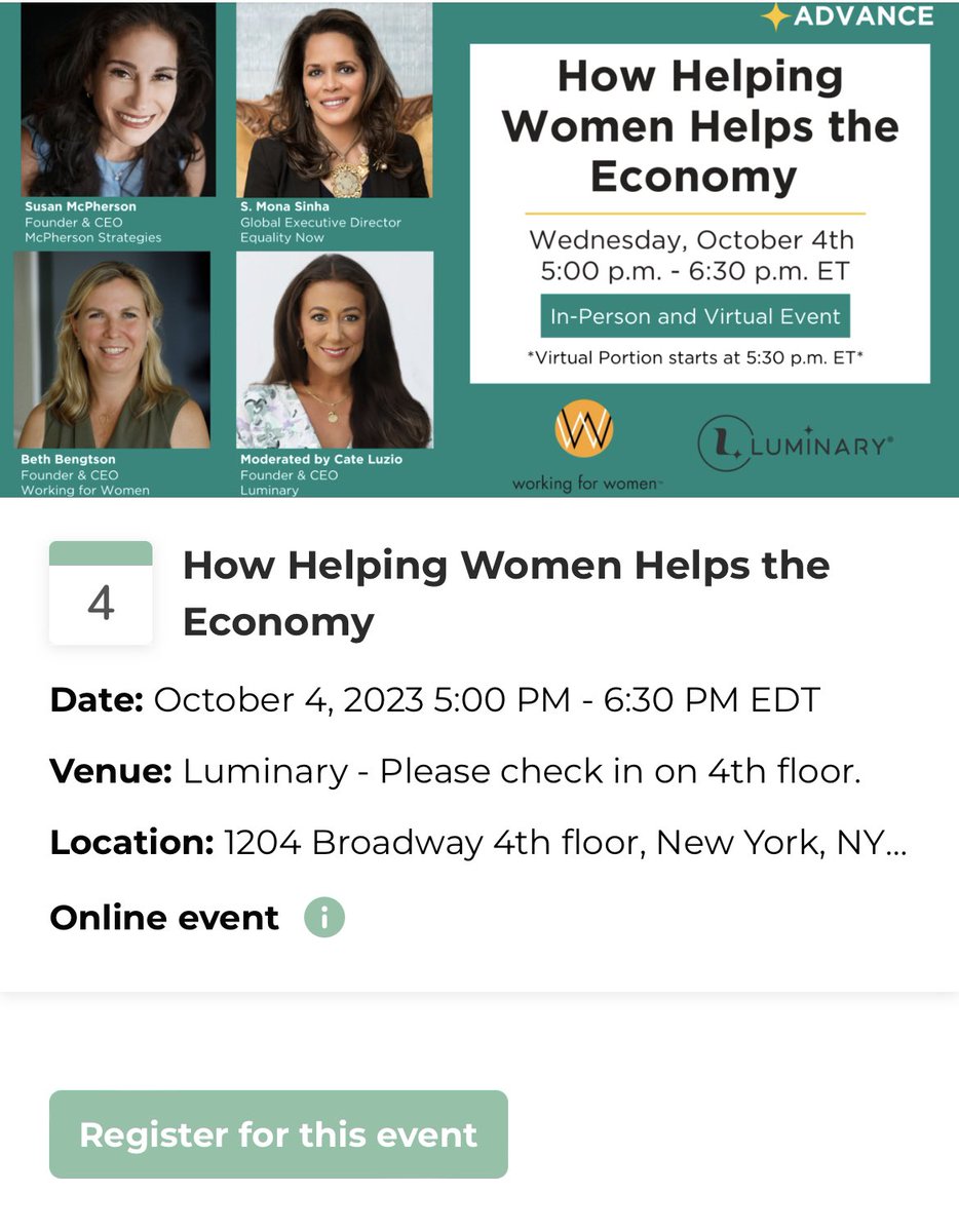 Join @cateluzio @monanyhk & #WorkingForWomen on Oct 4th at @weareluminary_ for a provocative discussion on women and the economy. Register here: luminary-legacy.us.hivebrite.com/events/59776