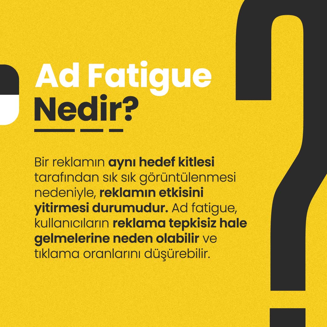 Ad Fatigue Nedir?

Bir reklamın aynı hedef kitlesi tarafından sık sık görüntülenmesi nedeniyle, reklamın etkisini yitirmesi durumudur. Ad Fatigue, kullanıcıların reklama tepkisiz hale gelmelerine neden olup tıklanma oranlarını düşürebilir.

#mertarımedya #media #workhard