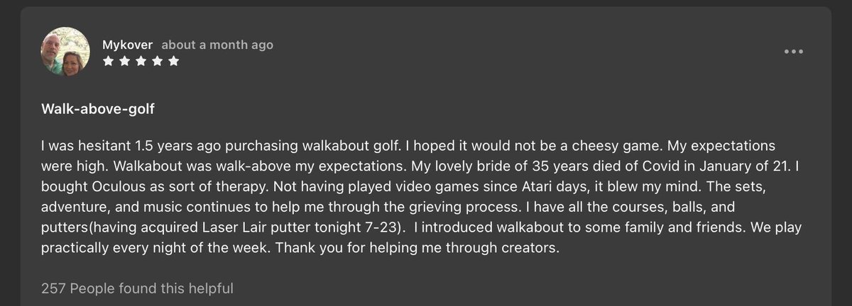 Mighty_Coconut's tweet photo. For a lot of #gamedevs, reading the reviews of their games can be stressful and even a headache. We’re so fortunate to have a player community that connects deeply to the places we’re creating and stories like this inspire us so very much. #IndieGameDev #VirtuReality #metaconnect https://t.co/mAbdhGqVmO