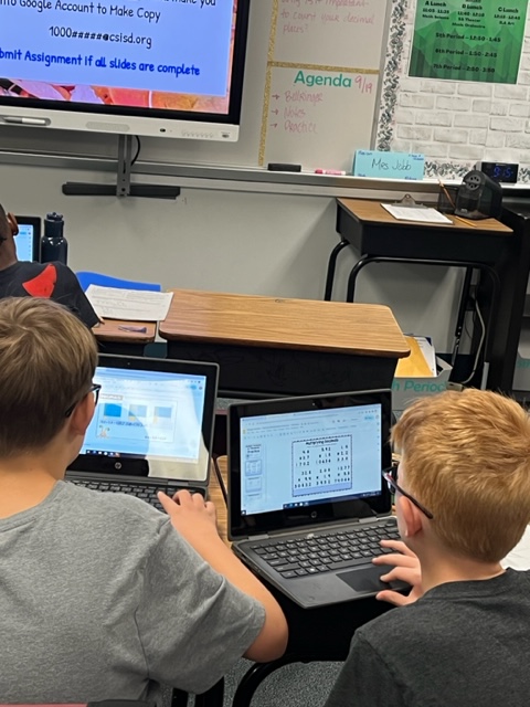 digitalatCG's tweet photo. 5th-grade math students are using critical thinking to review math concepts while practicing their Google slide skills. @successCSISD @cg_cats @CSISDedtech #ChoosingGreatness #Jobbmath https://t.co/ZSHPgOfZ2H