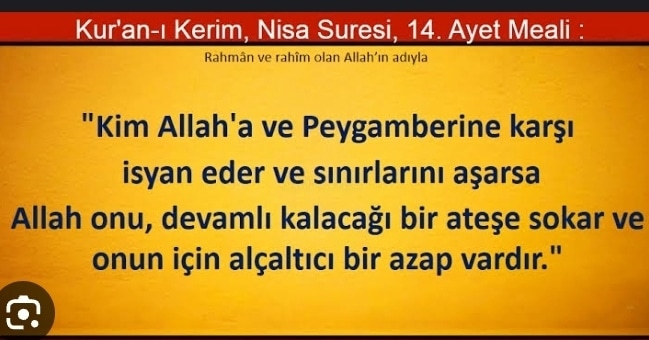 Kim ALLAH'a ve Peygamberine karşı isyan eder ve sınırlarını aşarsa ALLAH Onu devamlı kalacağı bir ateşe sokar ve Onun için alçaltıcı bir azap vardır...