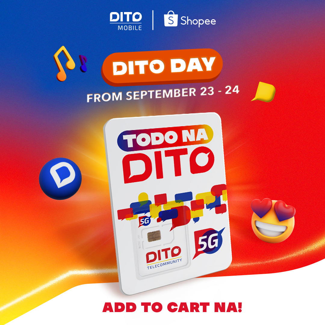 DITOphofficial's tweet photo. Ready to get your hands on deals of up to ✨50% OFF✨ on Level-Up Pack SIM Bundles and DITO Load this Sep. 23-24? Stay tuned only on Shopee! 🛒

#DITOsaShopee #TodoNaDITO https://t.co/OSMnWABEim