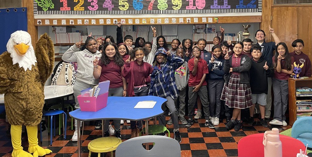 Who had the highest attendance last week?  Congratulations to Ms. Ponce's 5th Grade students – you were the attendance CHAMPS last week! The class posed with Ellie the Eagle here in celebration.