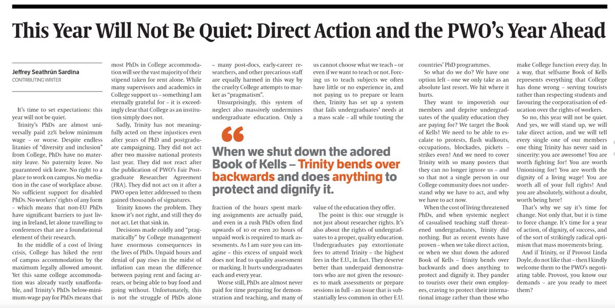 PWO TCD (@pwo_tcd) on Twitter photo It's time for direct action to assert our rights and empower our members! This year will not be quiet ✊
Provost <a href="/LindaDoyle/">Linda Doyle</a>, you know our demands. Are you ready to met them?
Op-ed by @JeffreySeathrun in <a href="/universitytimes/">The University Times</a> It's time for direct action to assert our rights and empower our members! This year will not be quiet ✊
Provost <a href="/LindaDoyle/">Linda Doyle</a>, you know our demands. Are you ready to met them?
Op-ed by @JeffreySeathrun in <a href="/universitytimes/">The University Times</a>