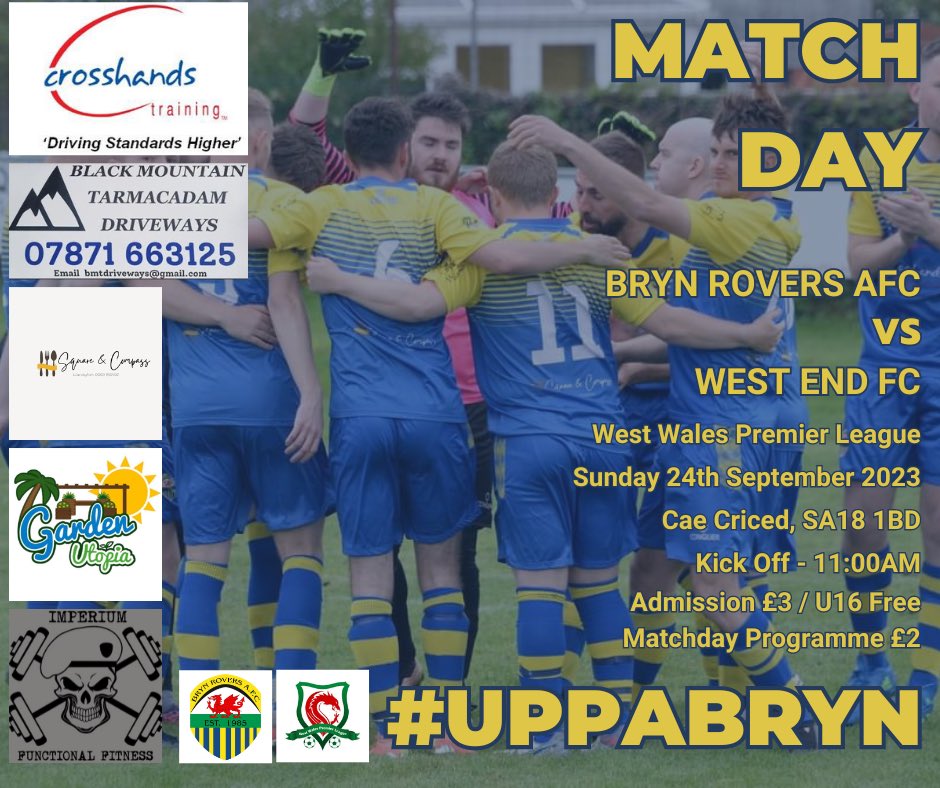 Bryn Rovers AFC (@brynroversafc) on Twitter photo Not long to go before the <a href="/PremierWales/">The Macron West Wales Premier League</a> @Groundhop2023 Weekend where we play <a href="/westend_afc/">WestendAFC</a> this Sunday in front of a bumper crowd at Cae Criced, SA18 1BD!
Kick off is at 11am.
We hope to see you there!
#UppaBryn
#WWPLGroundHopWeekend
💙💛💙💛💙 Not long to go before the <a href="/PremierWales/">The Macron West Wales Premier League</a> @Groundhop2023 Weekend where we play <a href="/westend_afc/">WestendAFC</a> this Sunday in front of a bumper crowd at Cae Criced, SA18 1BD!
Kick off is at 11am.
We hope to see you there!
#UppaBryn
#WWPLGroundHopWeekend
💙💛💙💛💙