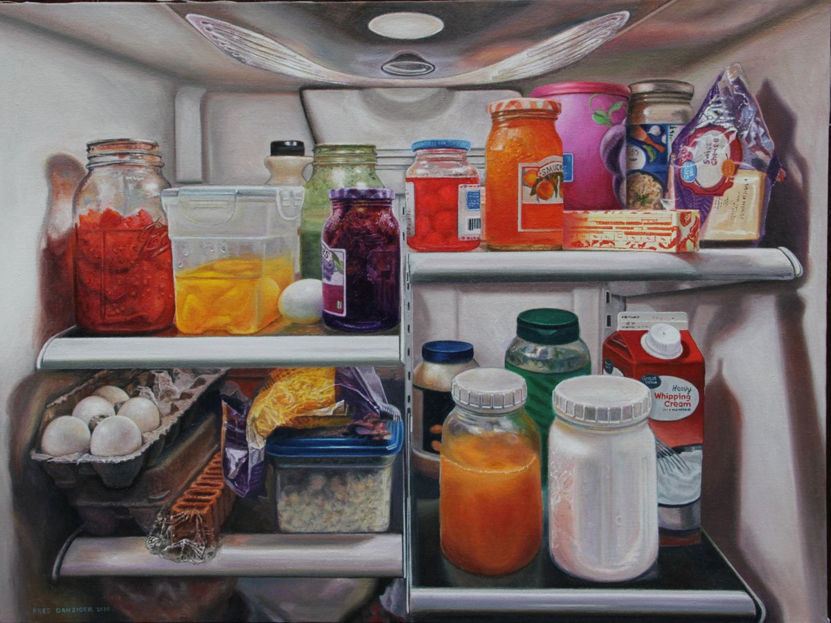 'Refrigerator' 24 x 32 oil. See it in my October show at FAN Gallery in Philly #Refrigerator #kitchenart #photorealism #artcollector