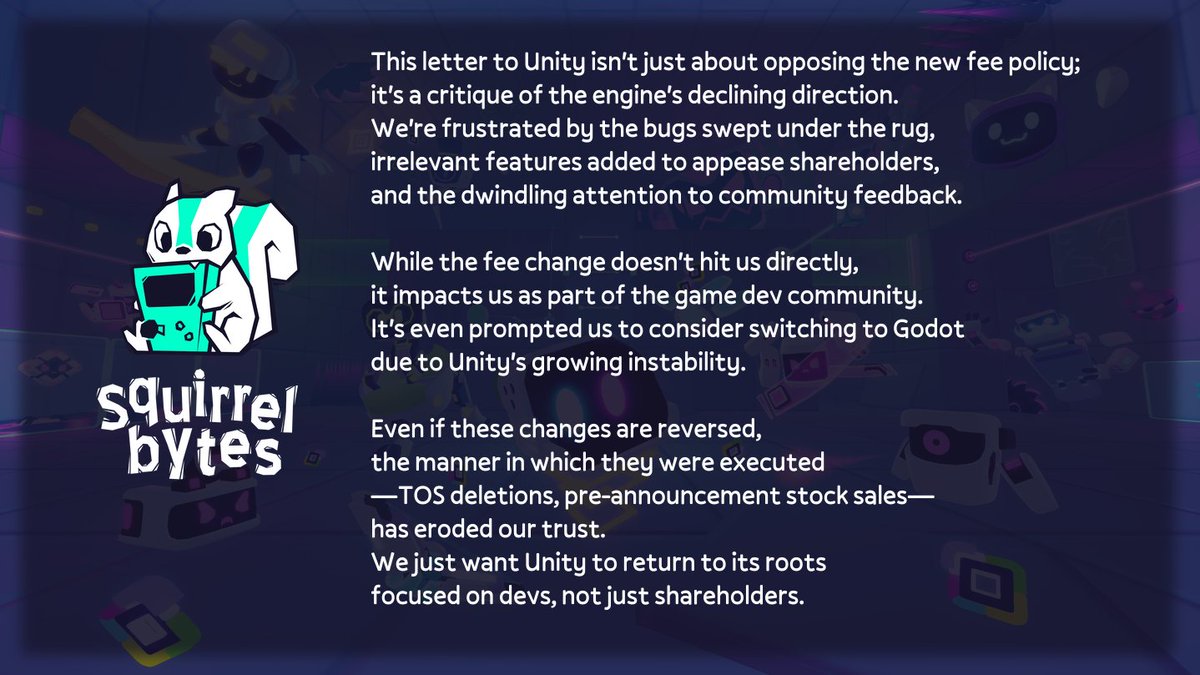 SquirrelBytes's tweet image. Hey @unity, it&apos;s too late to regain our trust now, but it&apos;s not too late for Unity to course-correct and be the great engine it once was. Then trust will naturally follow.
@FuckedByUnity

#unityruntimefee #UnityEngine #unity #GodotEngine