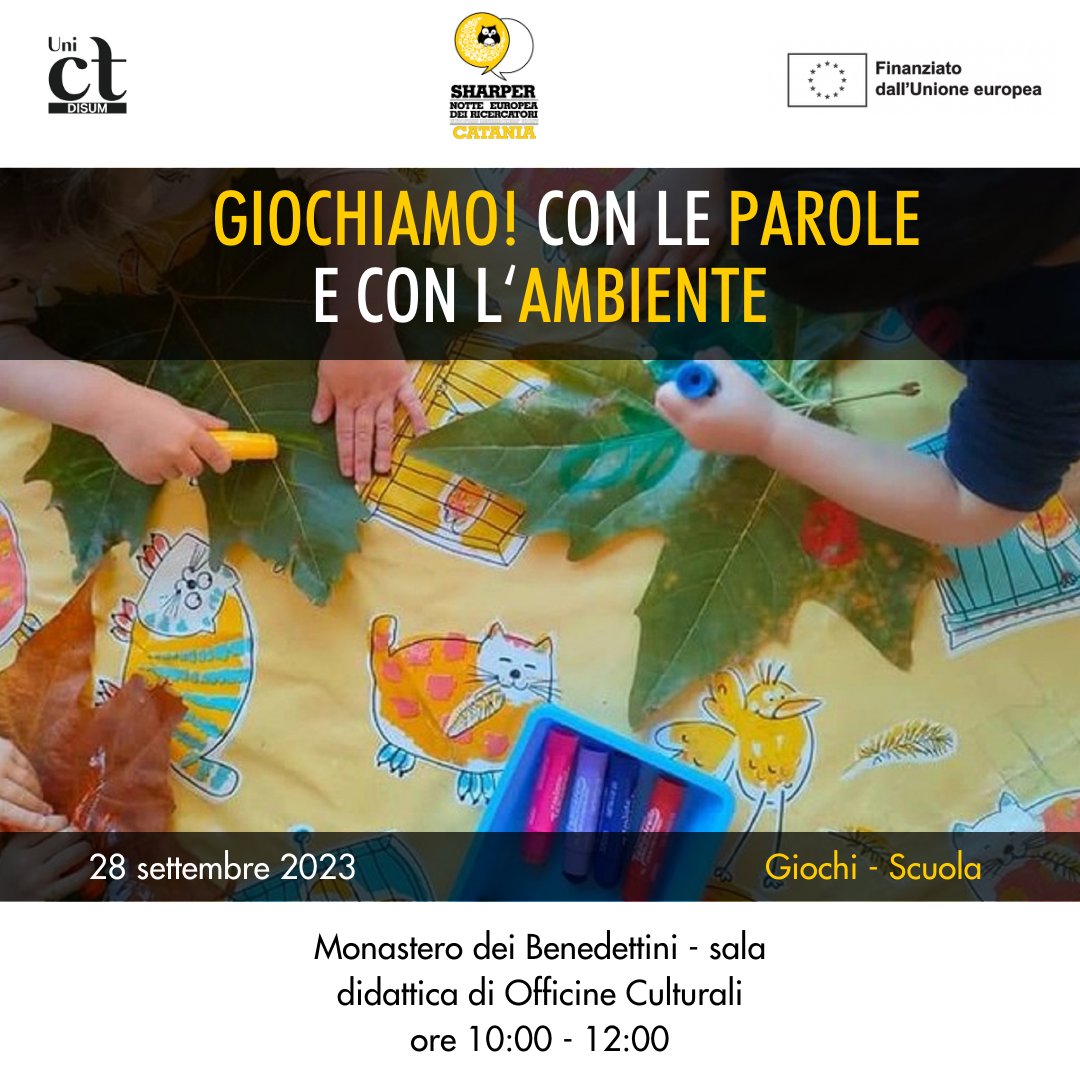 Il 28/09/23 @sharper_night e #Disum propongono un laboratorio ludico di italiano L2 basato su temi ambientali, destinato a due classi di scuola primaria con studenti di origine italiana e non italiana. 

Info: bit.ly/SharperDisum23

#sharpernight #ERN2023 #MSCAction
<a href="/Unict_it/">Unict</a>