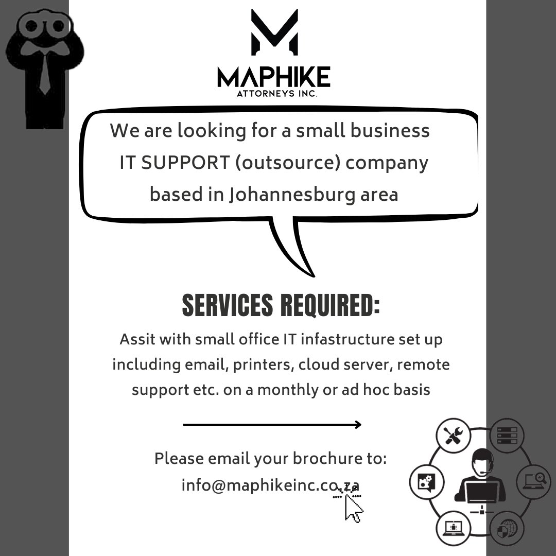 We are looking for YOU

Maphike Attorneys Inc. is looking for the services of a small business IT support (outsource) company to assist us in setting up our IT infrastructure on a monthly or ad hoc basis - to be discussed. 

If this is you, please email: 

info@maphikeinc.co.za