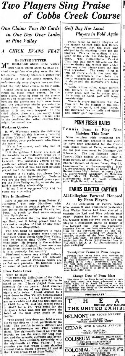 jwbausch's tweet photo. It is early in 1919 and Cobb’s Creek golf course has been open coming up on three years and getting plenty of ink. Some articles maybe just to get whatever clicks were before the web!

Here is a March 27, 1919, article from the Evening Public Ledger.

@cobbscreekfnd @bdewan24 https://t.co/RtV5BCLgxY