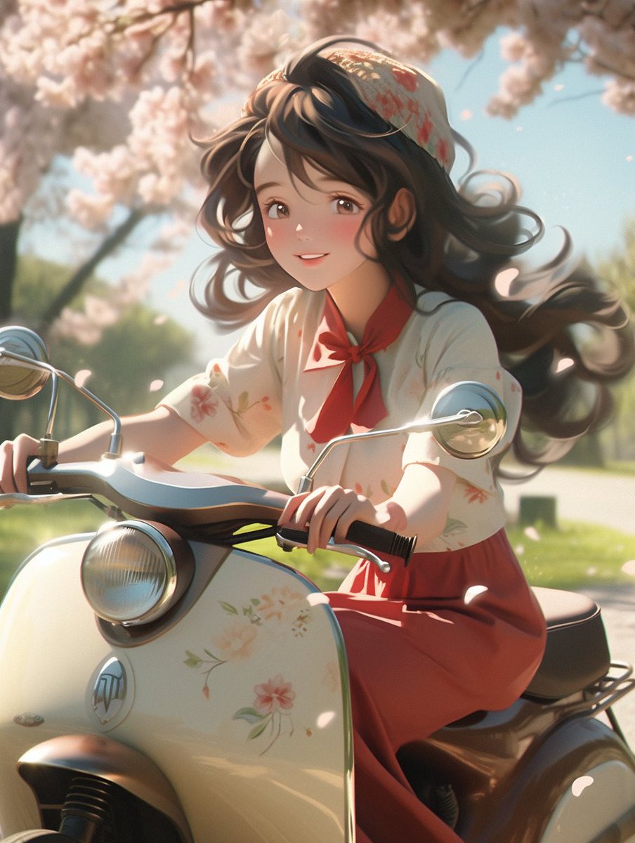 Affinity_bond's tweet photo. Enjoying this hot September before the real autumn kicks in! 

#midjourney #niji #bike #vintage #girl #AI #portrait #AIart #anime https://t.co/Tr32NAy2VT