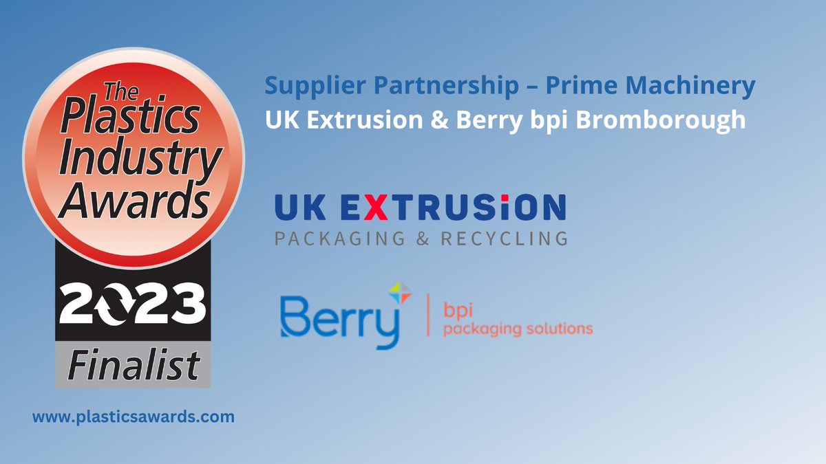 Congratulations to UK Extrusion and Berry bpi Bromborough who are Finalists in the Supplier Partnership – Prime Machinery category at the Plastics Industry Awards 2023 ow.ly/zzNr50PK0tX #PIA2023 @UKExtrusionLtd @BerryGlobalInc