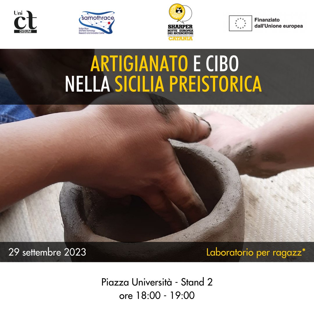@sharper_night e #Disum propongono un Laboratorio didattico di archeologia sperimentale in cui si intende produrre vasi da cottura con argilla locale, e rete da pesca con fibre naturali

Info: bit.ly/SharperDisum23 

#sharpernight #ERN2023 #MSCAction #HorizonEurope
<a href="/Unict_it/">Unict</a>
