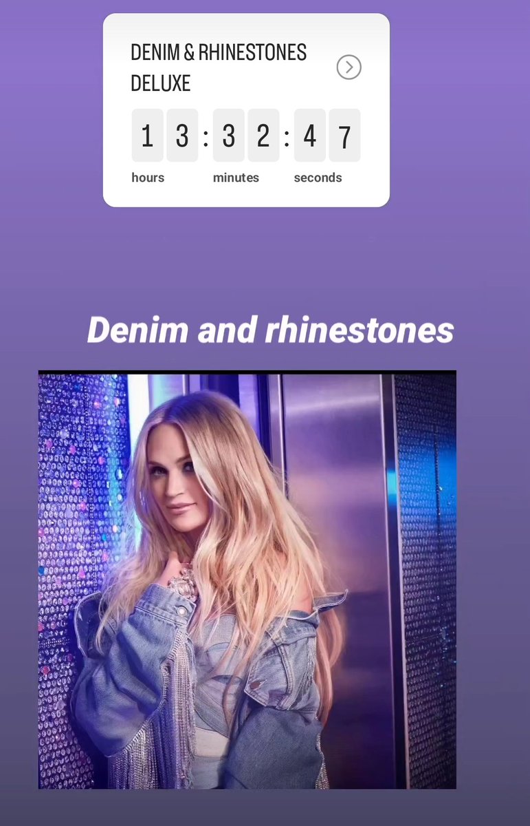 13 hours, 32 minutes, and 47 seconds until #DenimandRhinestonesDeluxe is out!!!!!!!!!!!!! 
Can't wait to go pick up the new born with her sisters!!! 👖💎💜
@CarrieUnderwood
#DeluxeEdition