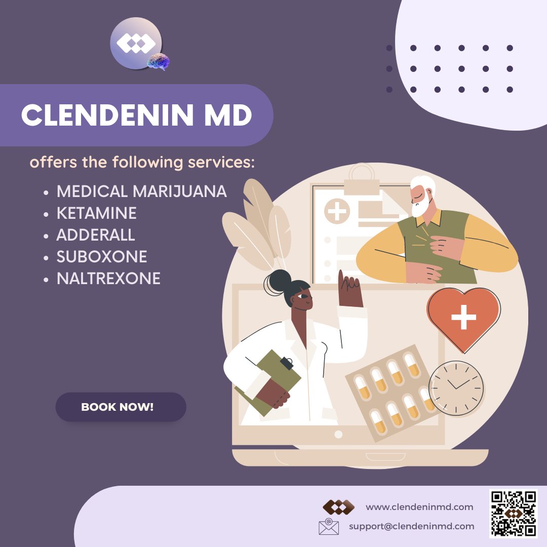 CLENDENIN MD Services: 
- MEDICAL MARIJUANA, KETAMINE, ADDERALL, SUBOXONE, NALTREXONE

Telephone receiver:  405-225-8105
Email: support@clendeninmd.com
Website: clendeninmd.setmore.com

#MedicalCannabis #MedicalMarijuana #OklahomaCity #California #PuertoRico #mentalhealth