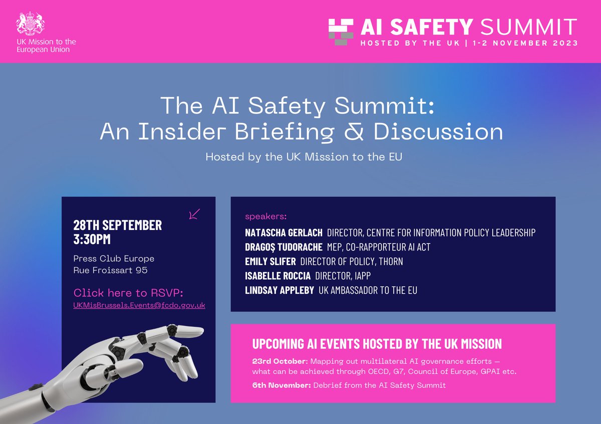IAPP (@the_iapp) on Twitter photo Ahead of the AI Safety Summit (1-2 November), <a href="/UKMisBrussels/">UK Mission to the EU 🇬🇧🇪🇺</a> is hosting an insider briefing and discussion with IAPP's <a href="/IsabelleRoccia/">Isabelle Roccia</a>, <a href="/GerlachNatascha/">Natascha Gerlach (she/her)</a>, <a href="/IoanDragosT/">Dragoș Tudorache</a>, Emily Slifer (<a href="/thorn/">Thorn</a>) and <a href="/LindsayCAppleby/">Lindsay Appleby</a> on 28 September. Register here: UKMisBrussels.Events@fcdo.gov.uk Ahead of the AI Safety Summit (1-2 November), <a href="/UKMisBrussels/">UK Mission to the EU 🇬🇧🇪🇺</a> is hosting an insider briefing and discussion with IAPP's <a href="/IsabelleRoccia/">Isabelle Roccia</a>, <a href="/GerlachNatascha/">Natascha Gerlach (she/her)</a>, <a href="/IoanDragosT/">Dragoș Tudorache</a>, Emily Slifer (<a href="/thorn/">Thorn</a>) and <a href="/LindsayCAppleby/">Lindsay Appleby</a> on 28 September. Register here: UKMisBrussels.Events@fcdo.gov.uk
