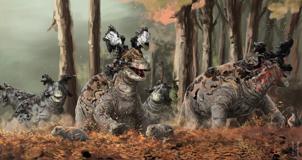CaioFirme47's tweet photo. An old Estemmenosuchus expel a young one from its territory after a short dispute of teeth and push. Meanwhile back there, a Biarmosuchus searches for defenseless prey amidst the chaos.

#Estemmenosuchus #Paleoart https://t.co/s8eakNbAQ0