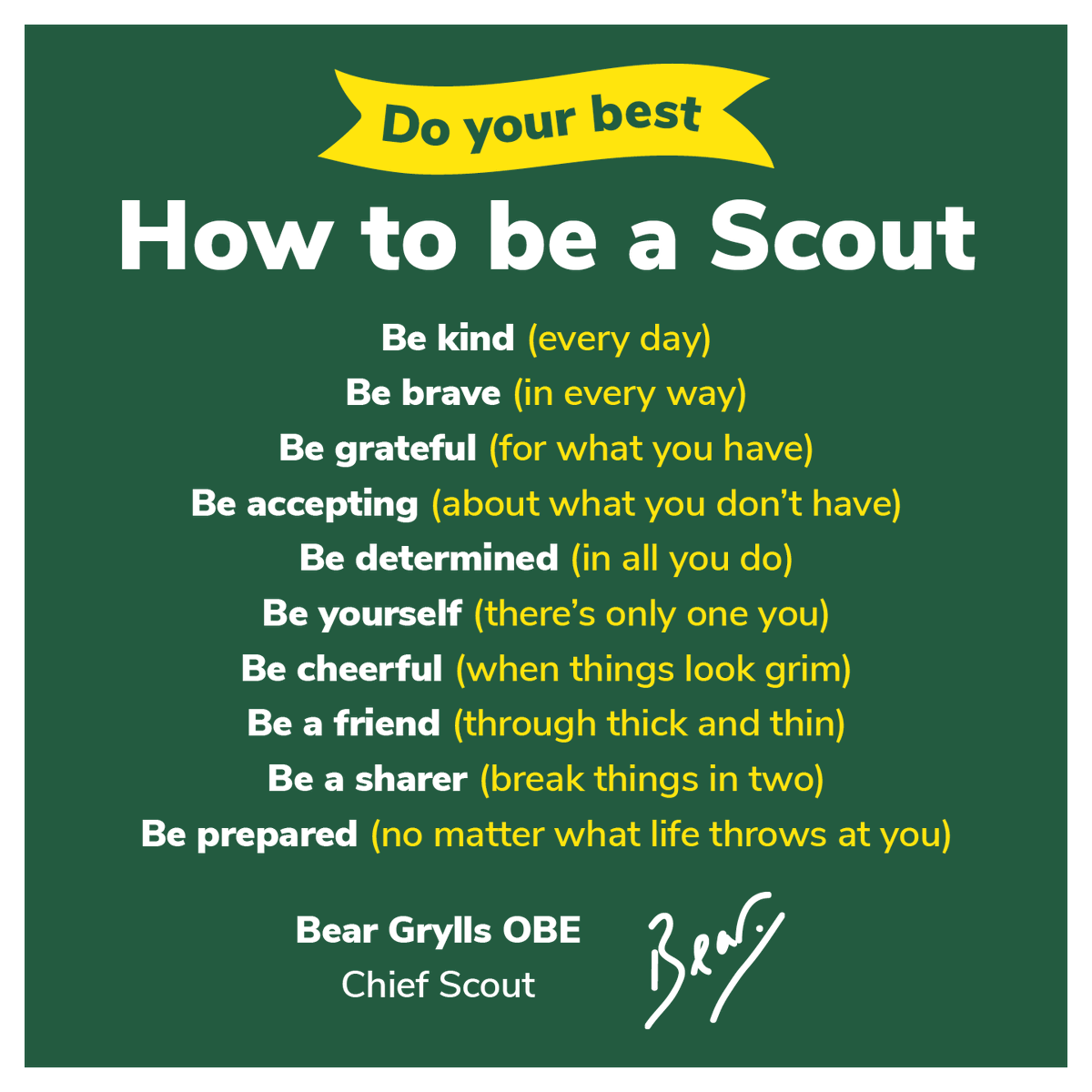scouts's tweet photo. Wise words from our Chief Scout, @BearGrylls, taken from his new book: Do Your Best: How to be a Scout. Pre-order now 👉  https://t.co/NtCjjyRbQE https://t.co/dMcB5PitMZ