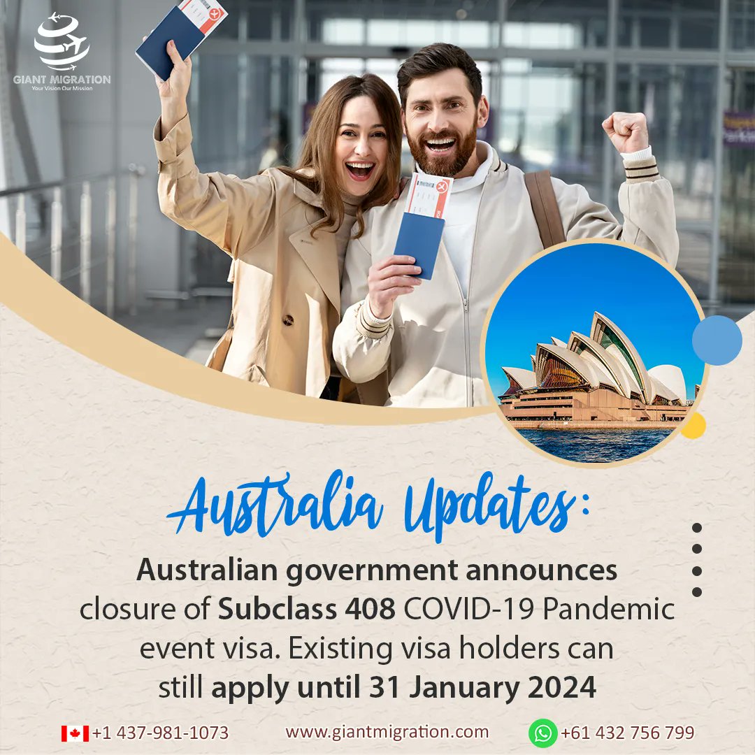 GiantMigration's tweet image. #Australiangovernment announces closure of #Subclass408 COVID-19 #Pandemiceventvisa. Effective September 2, 2023, the door is closed to new applicants.

Contact us-
📞 wa.me/+918868860022 (India)
📞 wa.me/+971503868476 (UAE)
📞 wa.me/+97430555944 (Qatar)

#Australia