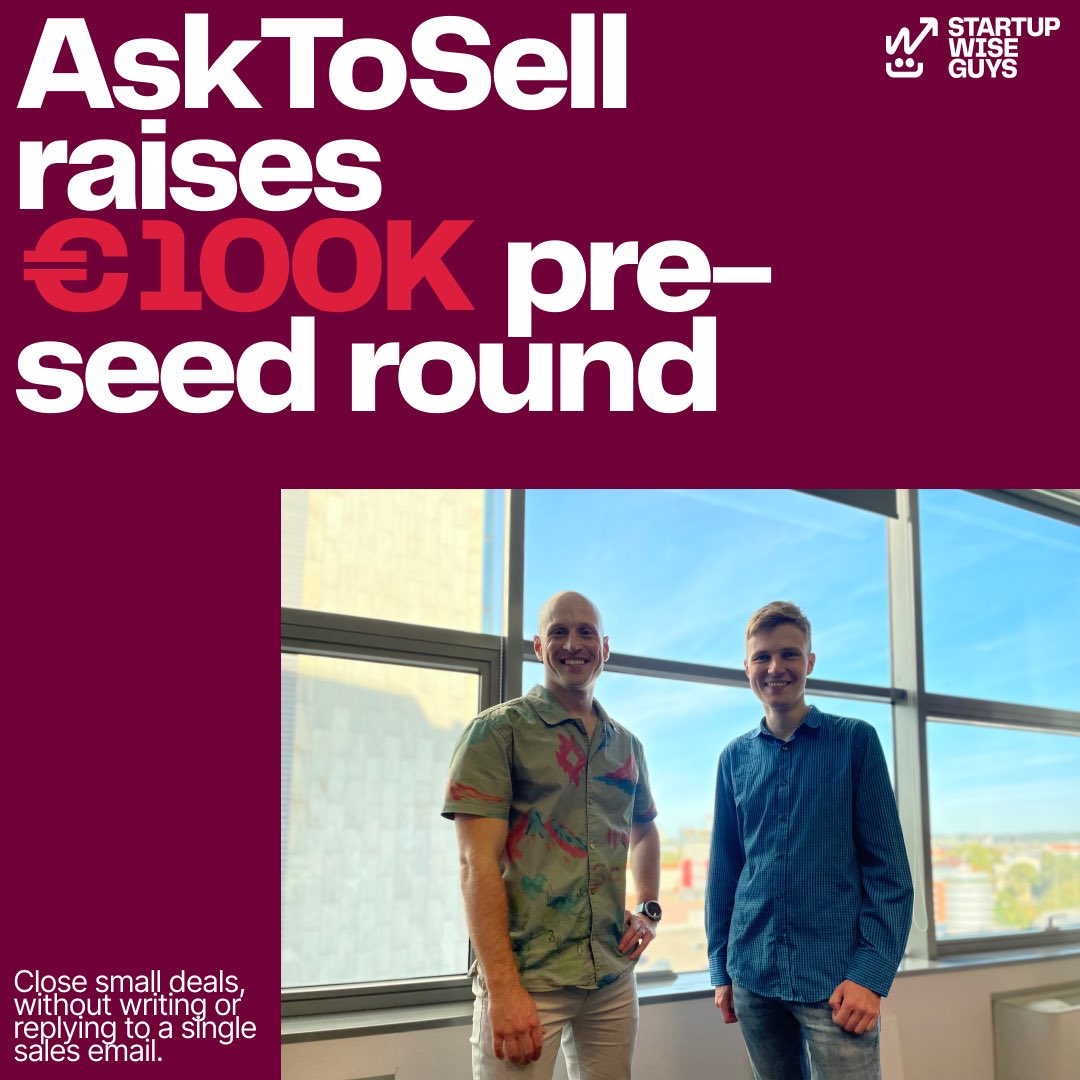 🚀 Exciting news! <a href="/AskToSell_com/">AskToSell.com</a> just secured €100k in pre-seed funding from us, Startup Wise Guys, and Specialist VC to revolutionize SMB sales.

Their mission❓Craft an AI-driven platform that slashes costs by 10-30x, helping small businesses thrive! 💼🤖